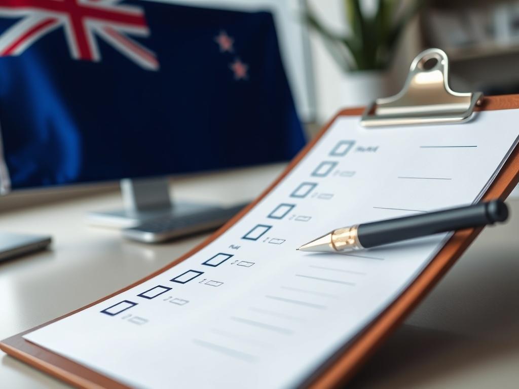 A realistic high-resolution close-up shot of a checklist on a clipboard, with ticked boxes and a pen, set on a modern desk with a New Zealand flag in the background.