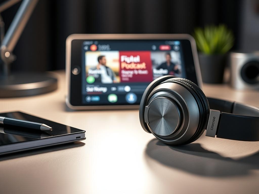 A close-up shot of a pair of high-quality headphones resting on a stylish desk, with a tablet displaying a podcast episode in the background. The scene is well-lit, creating an inviting atmosphere for audio listeners.