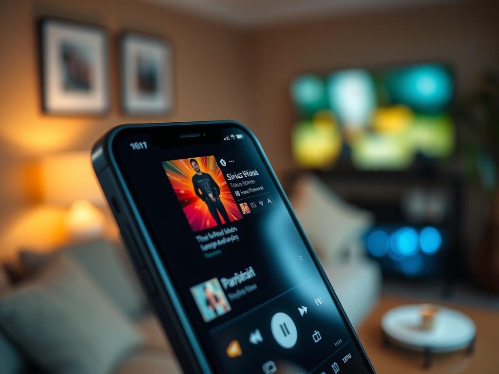 A close-up of a smartphone screen displaying the SiriusXMUS app with Pandora integration, featuring a vibrant playlist interface. The background should be a cozy living room setting with warm lighting, emphasizing a relaxed listening atmosphere.