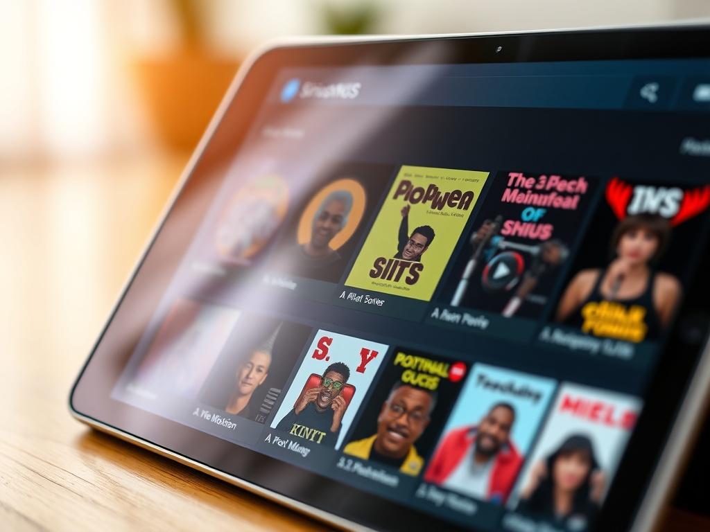 A close-up of a digital tablet displaying the SiriusXMUS On-Demand Content Library interface, showcasing vibrant cover art of various podcasts and shows. The background should be softly blurred, emphasizing the tablet and the engaging audio content available.