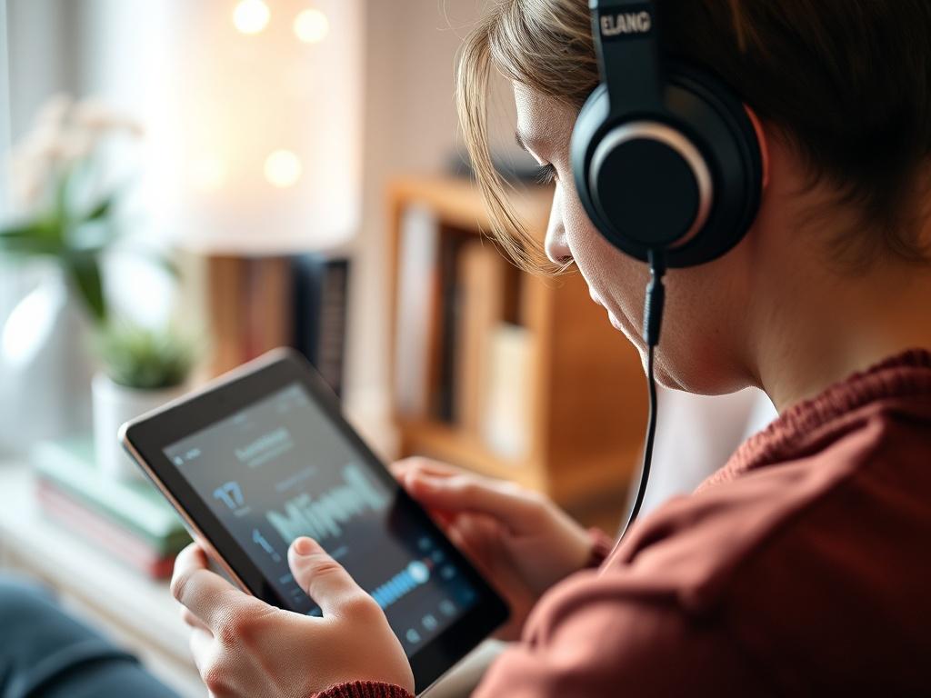 A close-up shot of a person wearing headphones, engrossed in listening to a podcast on a tablet. The background features a cozy setting with soft lighting and a hint of books and plants, creating an inviting atmosphere that emphasizes relaxation and enjoyment in audio entertainment.