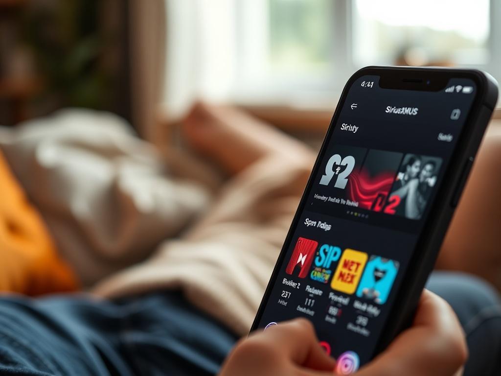 A close-up shot of a smartphone displaying the SiriusXMUS app with vibrant graphics and colorful channel icons. The background shows a cozy home environment, highlighting a person relaxing and enjoying their audio experience. Soft lighting enhances the inviting atmosphere, creating a sense of comfort and accessibility.