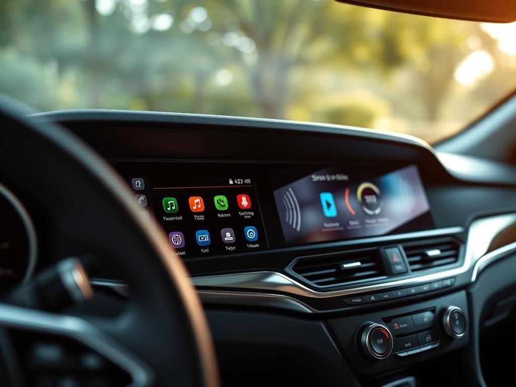 A close-up shot of a sleek car interior featuring a modern dashboard with a SiriusXM radio display, showing vibrant channel options. The background is softly blurred to emphasize the dashboard, with natural light highlighting the clean lines and high-tech features of the interior. The overall color scheme should reflect a modern and inviting atmosphere.