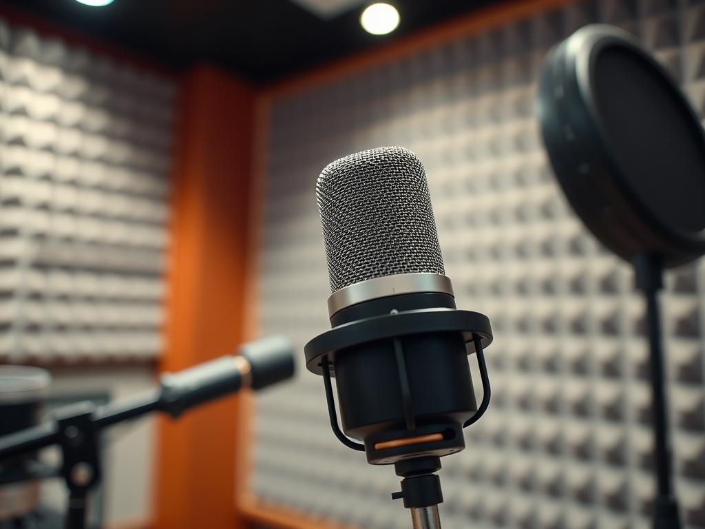 A close-up shot of a microphone in a recording studio, symbolizing the creation of original podcasts and shows. The background should feature soft lighting and soundproof panels, creating an inviting atmosphere for audio production. The image should capture the essence of creativity and professionalism in audio entertainment.