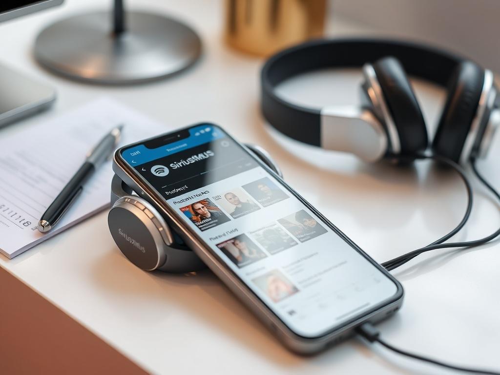 A close-up shot of a smartphone displaying the SiriusXMUS streaming app interface, showcasing various podcast and music options. The phone should be placed on a stylish desk with headphones nearby, symbolizing a modern audio listening experience. The background should be softly blurred, emphasizing the device and its content. The image should convey a sense of accessibility and enjoyment.