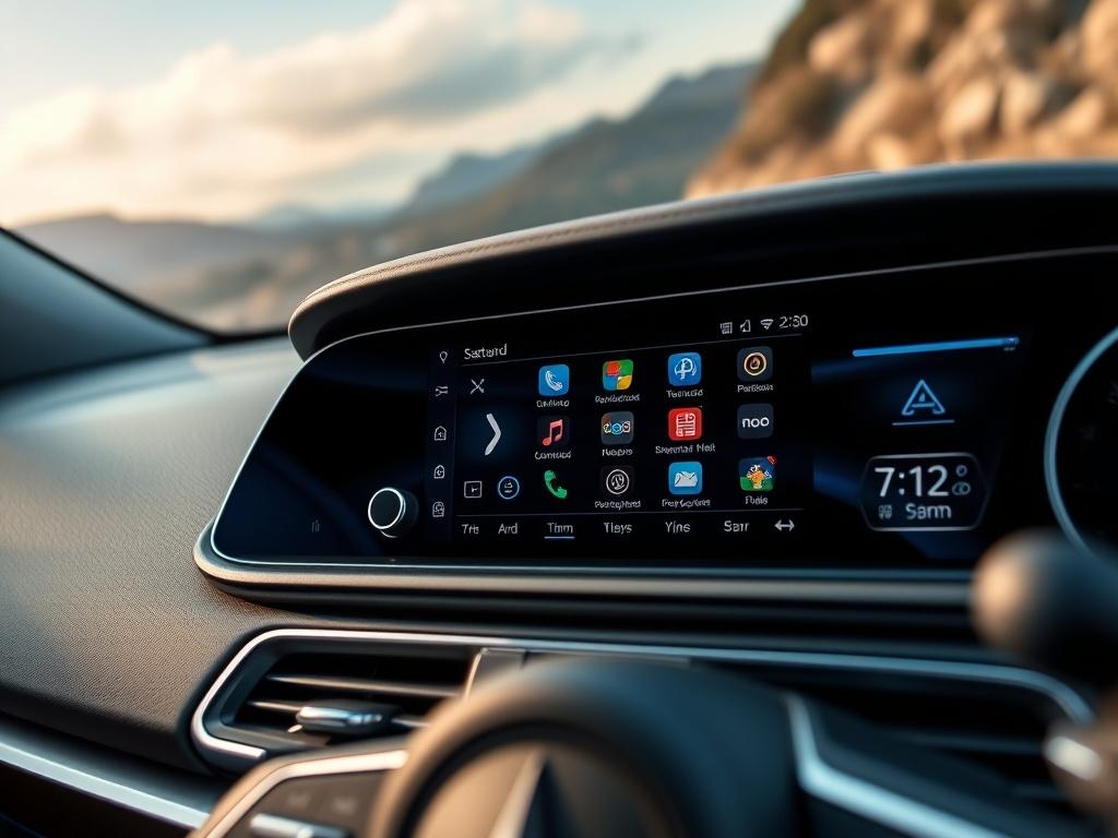 A close-up shot of a modern car dashboard featuring a high-tech satellite radio display, showcasing various channel options. The dashboard should have sleek, contemporary design elements with a focus on the radio interface. The background should be a blurred view of a scenic road, emphasizing a journey or travel experience. The image should be vibrant and engaging, capturing the essence of premium audio entertainment.