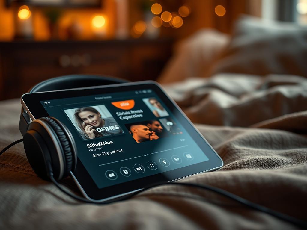 A high-resolution image of a cozy setting with a pair of headphones and a tablet streaming a SiriusXMUS podcast. The background features a warm, inviting ambiance with soft lighting.