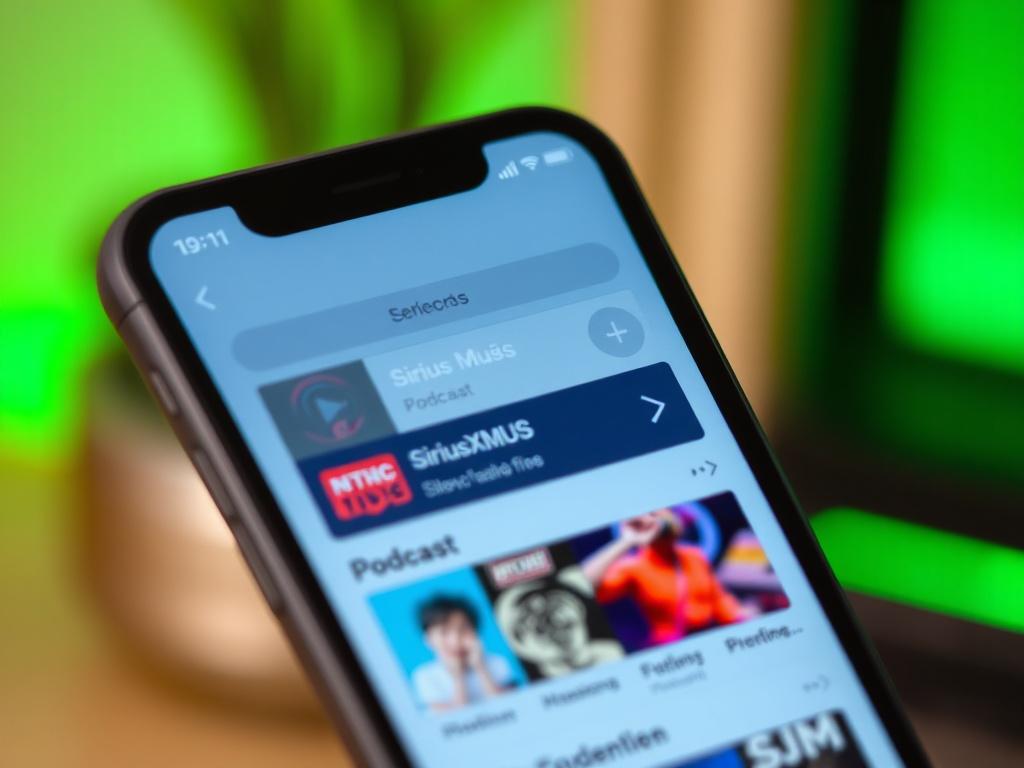 A close-up shot of a smartphone displaying the SiriusXMUS app interface, showcasing various music and podcast options. The background is blurred to emphasize the device's screen, with a vibrant green color accenting the scene.