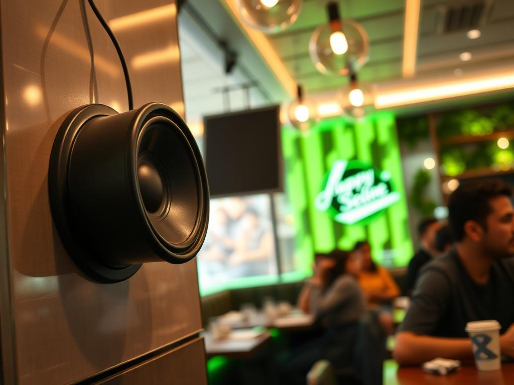 An inviting image of a restaurant environment with a speaker system integrated into the decor, showing customers enjoying the ambiance. The focus is on the speaker with a vibrant green theme in the decor.