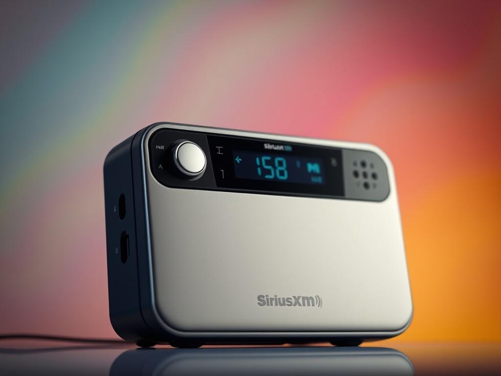 A hyper-realistic close-up shot of a sleek SiriusXM satellite radio device against a vibrant background. The device should be prominently displayed, showcasing its modern design and features. The lighting should highlight the device, creating an inviting and engaging atmosphere. The background should be softly blurred to maintain focus on the radio, with colors that complement the primary color rgb(50, 170, 39).