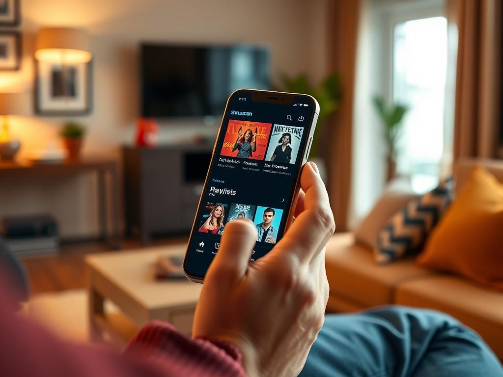A vibrant scene showing a person using a smartphone with the SiriusXM app open. The background features a cozy living room with modern decor, emphasizing relaxation and enjoyment. The smartphone screen displays music playlists and podcasts available on SiriusXM, with colorful album art visible. The setting should feel inviting and warm, highlighting the convenience of streaming audio content anywhere, with the primary colors complementing rgb(50, 170, 39).