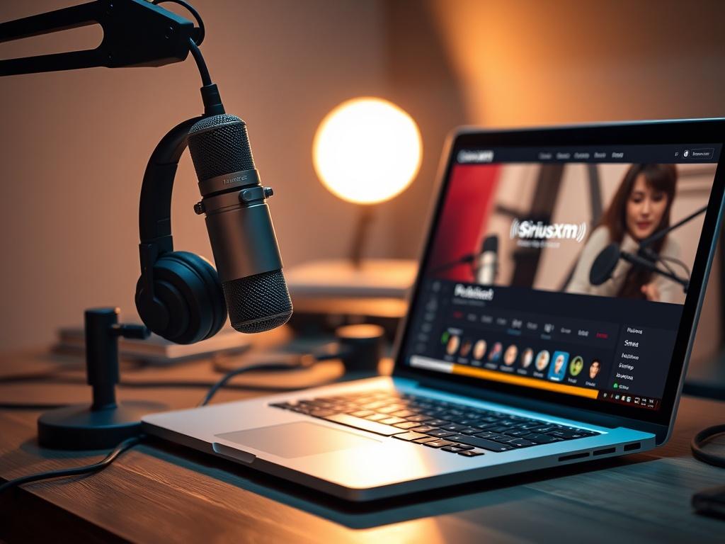A high-resolution image of a podcast recording setup featuring a microphone, headphones, and a laptop displaying the SiriusXM podcast interface. The environment should feel professional and creative, with soft lighting creating a warm atmosphere. The image should capture the essence of audio storytelling, showcasing the equipment and tools used for producing high-quality content, while maintaining a color scheme that aligns with rgb(50, 170, 39).