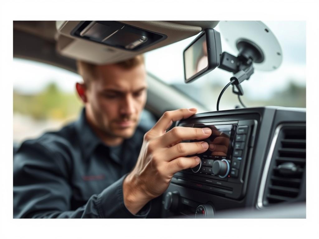 A hyper-realistic close-up shot of a technician adjusting the components of a satellite radio system in a vehicle. The background should include a blurred view of the vehicle interior, creating a realistic setting that highlights the technician's skill in repairing audio equipment.