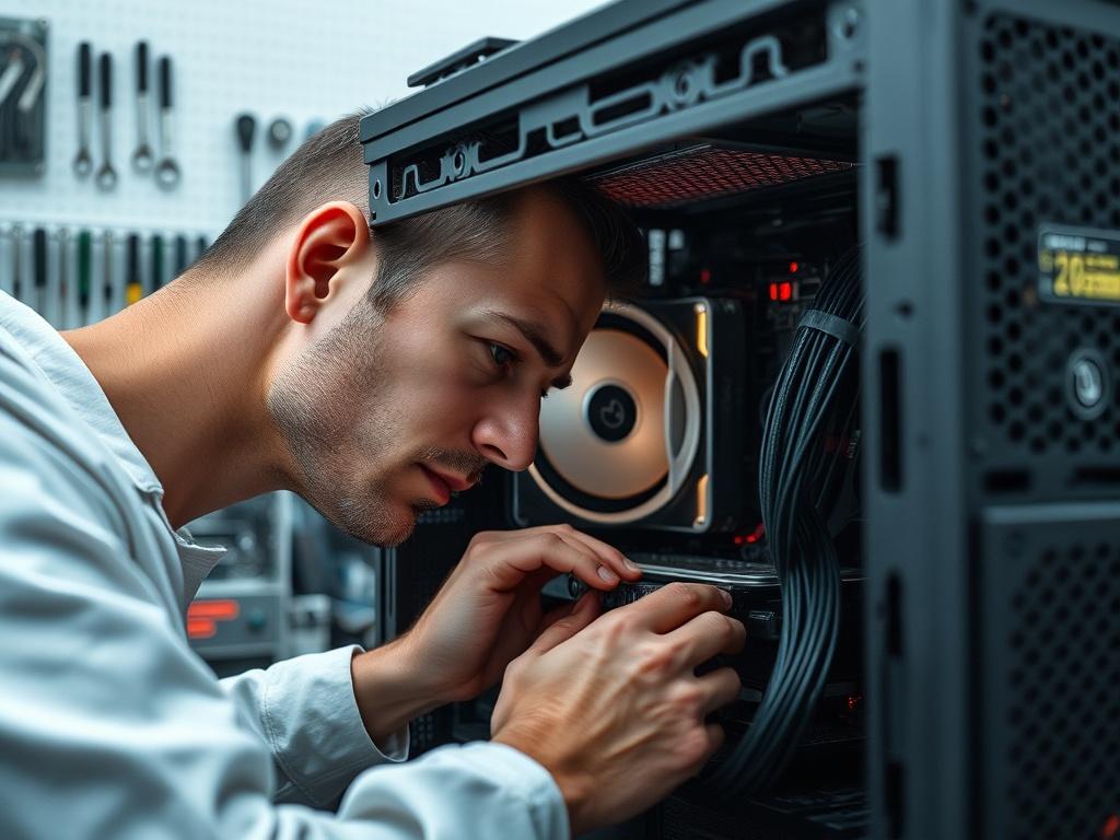 A close-up shot of a technician examining a desktop computer's internal components, with tools and parts neatly organized in the background. The focus should be on the technician's hands as they work diligently, emphasizing a professional atmosphere and attention to detail.