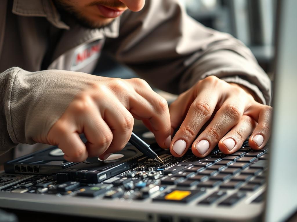 A close-up shot of a technician working on a laptop, showcasing intricate details of the repair process. The background should be slightly blurred to focus on the technician's hands and the laptop components. Use natural lighting to enhance the realism of the image and highlight the technician's expertise.