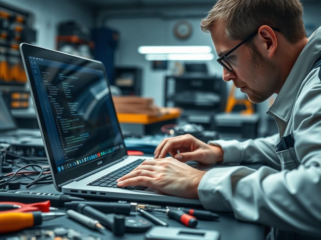A close-up of a technician working on a laptop with various tools and components spread out. The technician is focused on the laptop screen, showing a troubleshooting process. The background reflects a professional repair shop atmosphere.