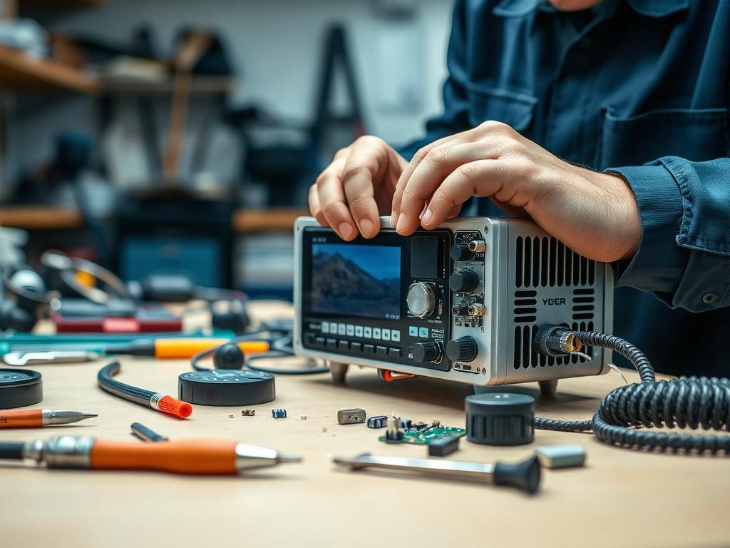 A technician carefully repairing a satellite radio device on a workbench, with tools and components surrounding. The focus is on the technician's hands working on the intricate device, showcasing attention to detail and expertise. The background is a clean, organized workshop environment.