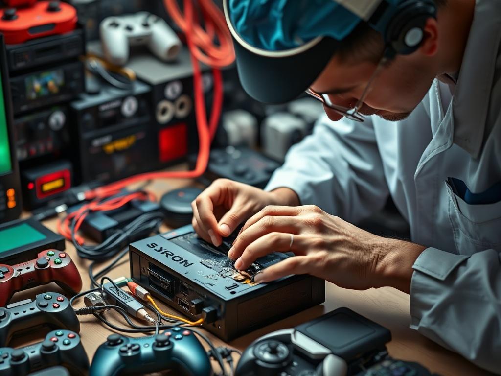 A technician skillfully repairing a gaming console, surrounded by various gaming gadgets. The focus is on the technician's hands working on the device, illustrating precision and care. The background captures a vibrant gaming environment.