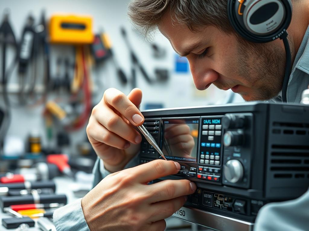 A close-up shot of a technician working on a satellite radio device. The technician, focused and skilled, is using specialized tools to fix internal components. The background is softly blurred, showing a clean and organized workspace with various electronic tools and parts. The lighting is bright, emphasizing the intricate details of the satellite radio and the technician's hands, showcasing the precision and care involved in the repair process.