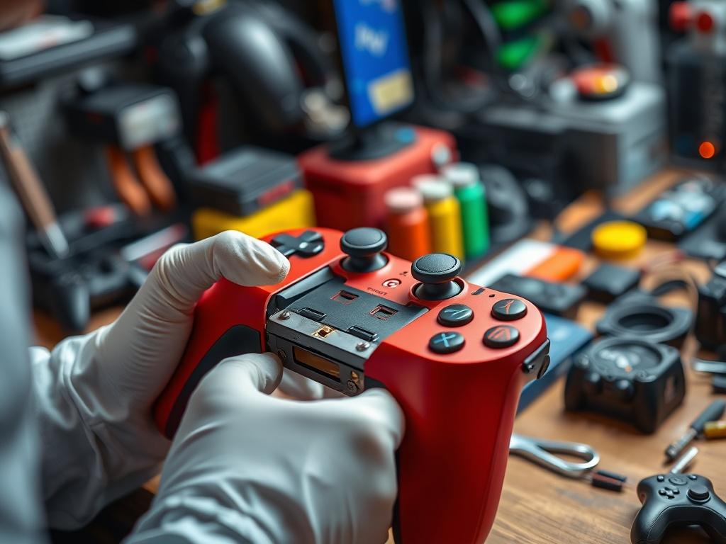 A close-up view of a gaming controller being repaired. The technician is opening the controller to replace buttons and internal components. The workspace is filled with various gaming gadgets and tools, creating an engaging atmosphere. The lighting highlights the vibrant colors of the controller and the precision of the technician's work. The background blurs slightly to keep the focus on the repair process, illustrating the dedication to restoring gaming equipment to its optimal condition.