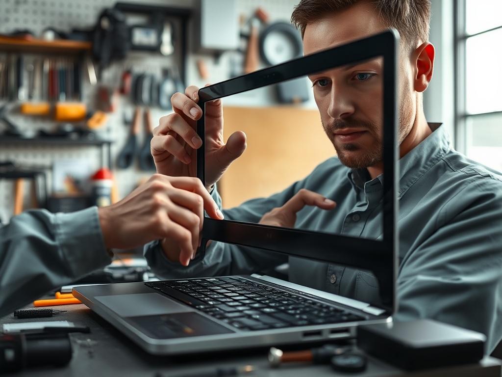 A technician is replacing a laptop screen, showcasing the delicate process of removing the old screen. The image captures the open laptop with components visible inside, while the technician carefully handles the new screen, ensuring it fits perfectly. The background is a tidy workspace filled with tools and spare parts, providing context to the repair environment. The lighting highlights the technician's focused expression and the intricate details of the laptop's interior.