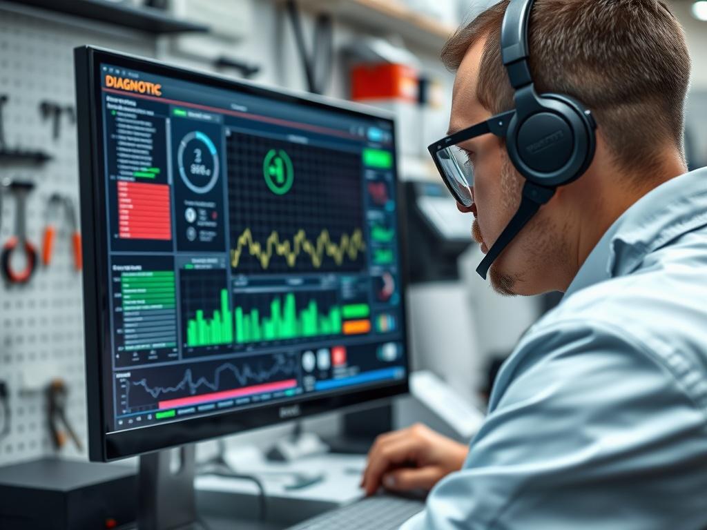 A close-up shot of a computer screen displaying diagnostic software in use, with a technician analyzing the data. The background should feature a clean workspace with tools and computer components strategically placed. Focus on the screen's vivid colors and the technician’s attentive expression, highlighting the diagnostic process.