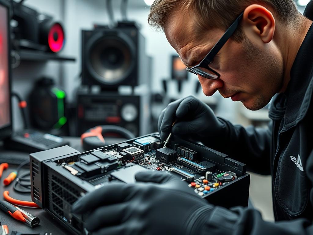 A close-up shot of a technician repairing a gaming console, focusing on the intricate components inside. The background should be a modern, well-lit workspace with gaming accessories and tools. The image should convey a sense of action and expertise, capturing the technician's concentration as they work on the device.