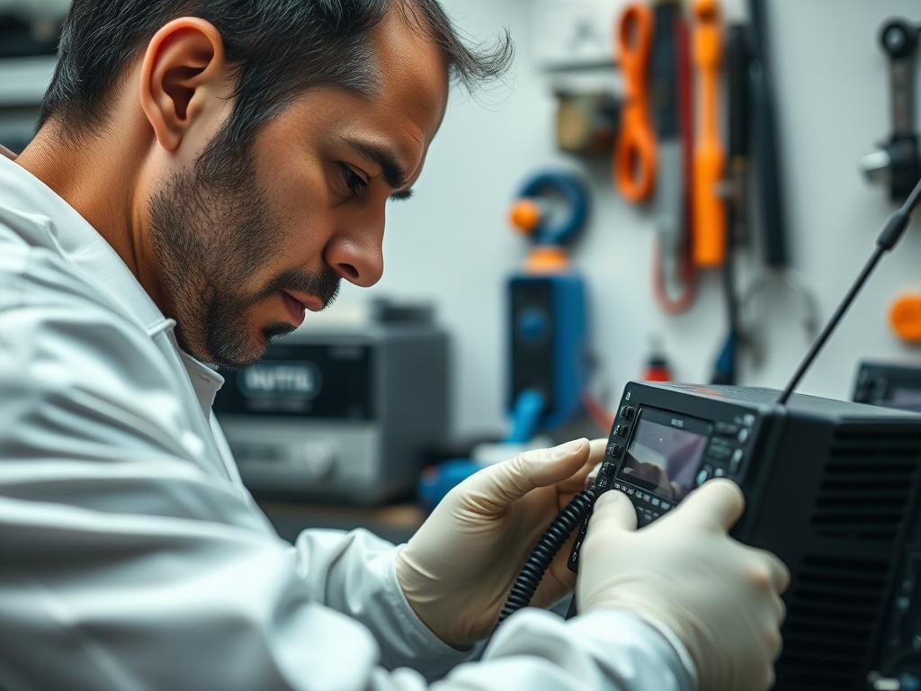 A close-up shot of a technician repairing a satellite radio device, showcasing the intricate details of the radio components. The background should be a clean, organized workspace with tools neatly arranged. The image should capture the technician's focused expression, emphasizing the precision and expertise involved in the repair process.