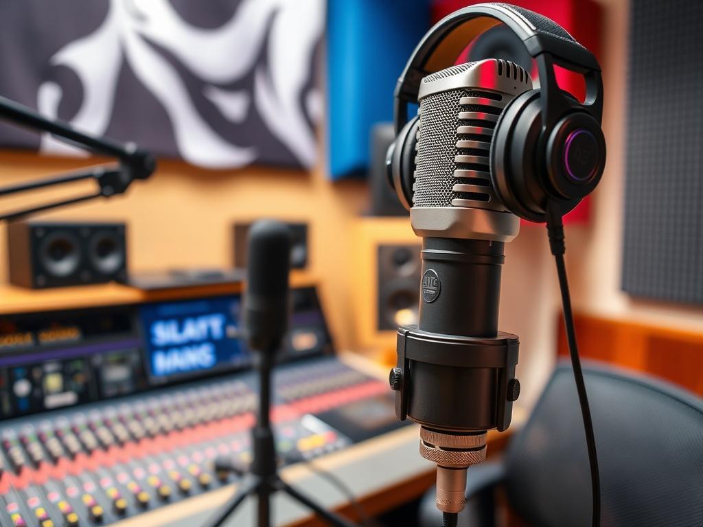 A high-resolution close-up shot of a modern podcast studio with a microphone and headphones. The background features a soundboard and acoustic panels, showcasing a professional audio setting. The image should have vibrant colors, emphasizing a warm and inviting atmosphere.