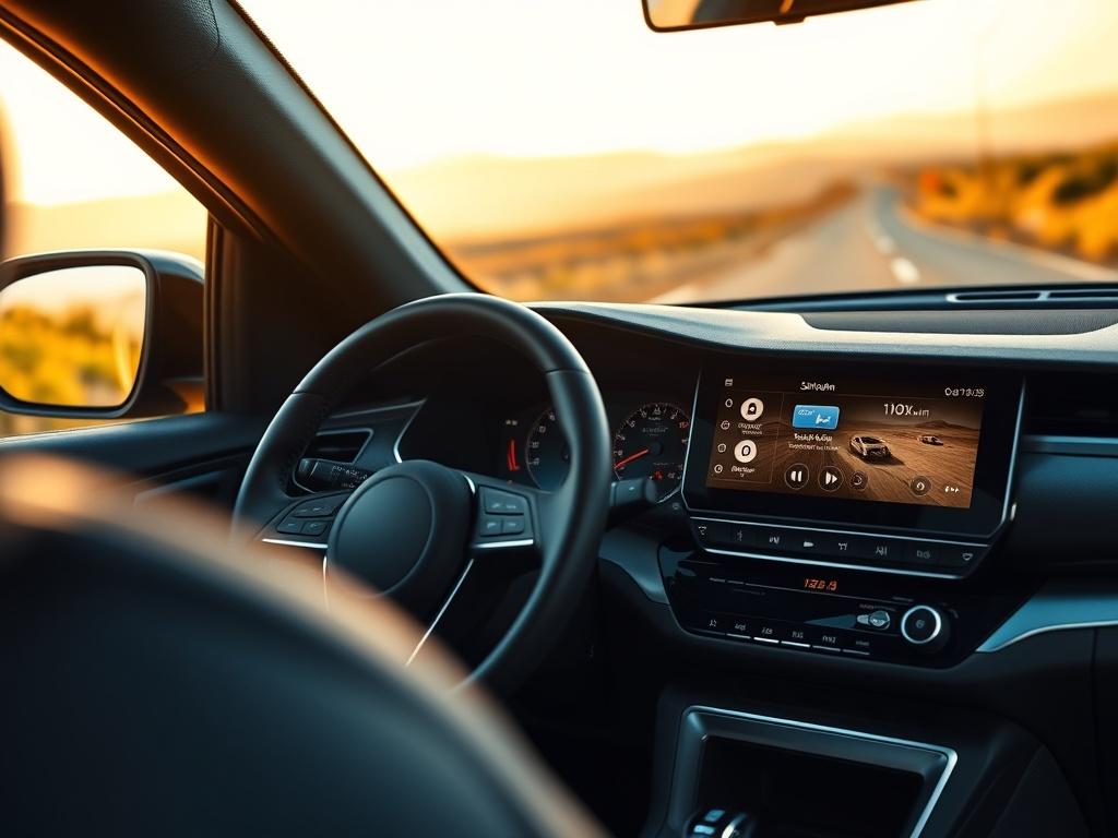 A sleek car interior featuring a high-tech dashboard with a SiriusXM satellite radio interface displayed on the screen. The focus should be on the dashboard, emphasizing the modern design and audio controls. The background shows a scenic road, suggesting freedom and adventure. The lighting is bright and inviting, capturing the essence of a joyful driving experience.