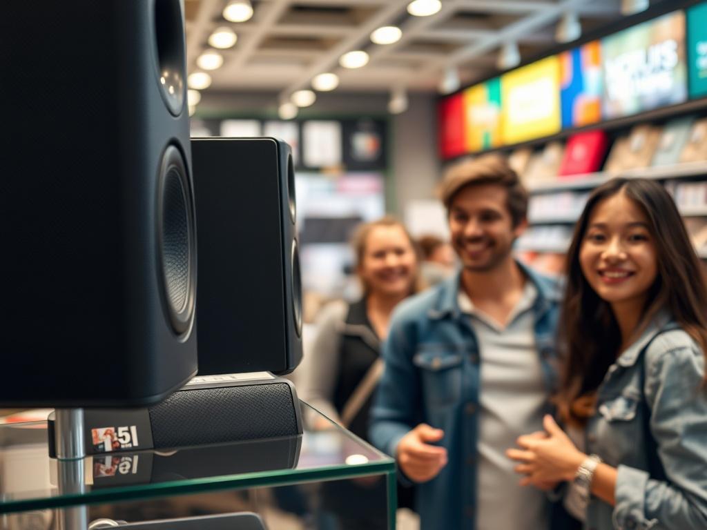 A high-resolution close-up shot of a retail store featuring a speaker system playing SiriusXMUS audio solutions. The image shows happy customers enjoying their shopping experience, with a vibrant store environment in the background. The colors should convey a lively and inviting atmosphere.