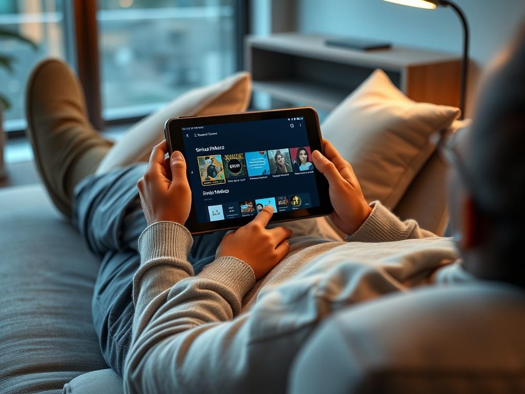 A person comfortably lounging on a modern couch with a tablet in hand, streaming SiriusXMUS content. The setting is cozy, with soft lighting and a warm ambiance. The screen displays the SiriusXMUS interface, showcasing various audio channels. The focus should be on the individual enjoying the seamless streaming experience, emphasizing relaxation and convenience.