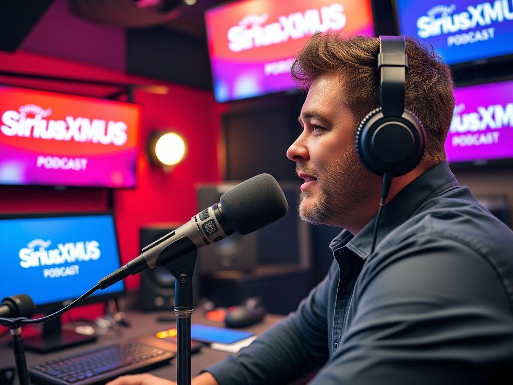 A vibrant studio setting with a podcast host speaking into a professional microphone, surrounded by sound equipment and monitors displaying SiriusXMUS branding. The atmosphere is energetic and creative, capturing the essence of live audio production. Highlight the dynamic interaction between the host and guests, showcasing the excitement of exclusive podcast content.