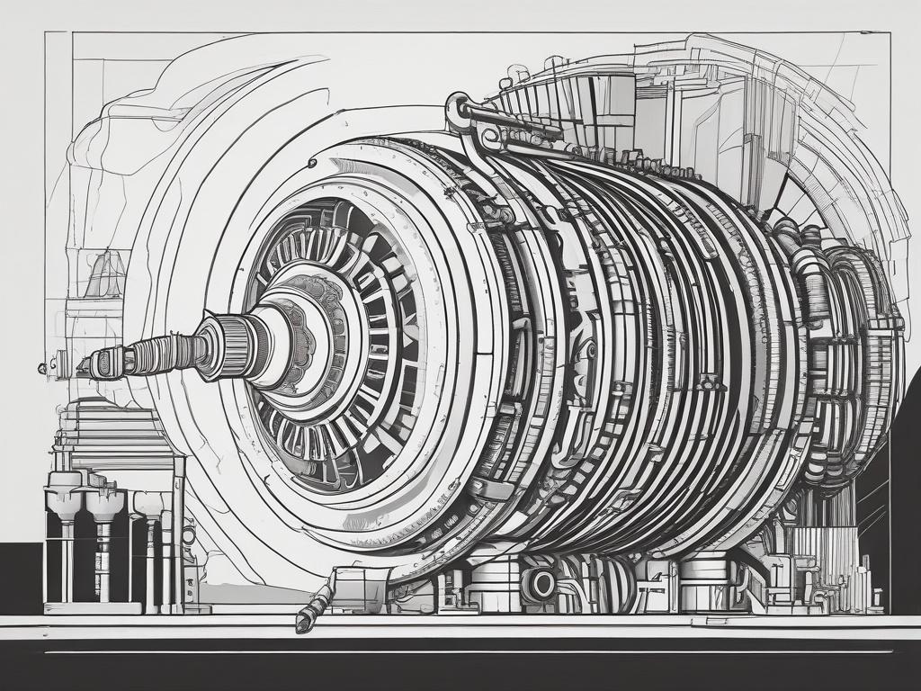 Create a high-quality illustration of a jet engine with a focus on the Aviation Turbine Kerosene being poured into it. The composition should feature the jet engine prominently in the center, showcasing its intricate design and components. The background should be minimalistic, emphasizing the jet engine and the flow of the kerosene. Use solid black line drawing style with the primary color #136A5C subtly integrated into the illustration.