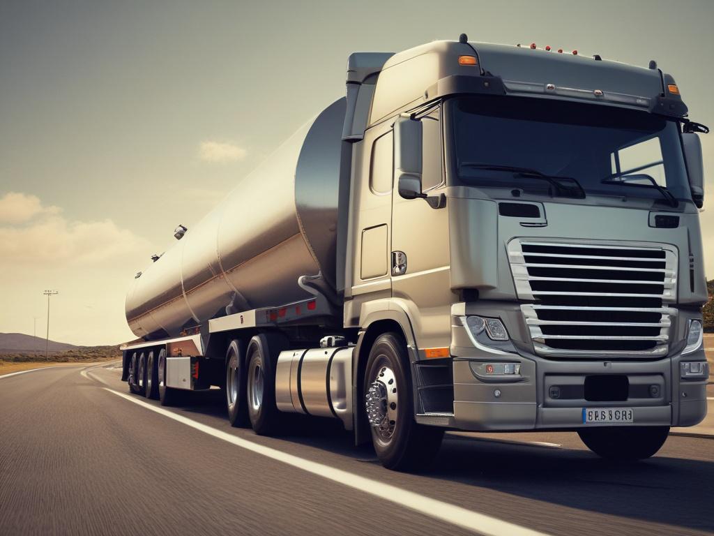 A high-resolution close-up shot of a modern petroleum tanker on a highway, focusing on the truck's sleek design and shiny surface, captured with a 45mm f/1.2 lens. The background should feature a blurred landscape of green fields under a clear blue sky, emphasizing the tanker as the main subject. The image should convey a sense of reliability and efficiency in logistics, with a color palette that complements the #136A5C primary color.