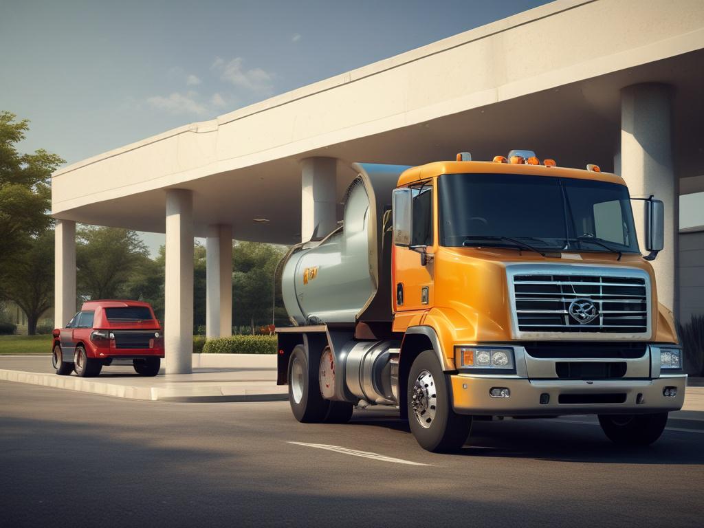 Create a hyper-realistic close-up image of a fuel delivery truck parked in front of a modern home, with a focus on the truck's diesel pump being used to fill a large storage tank. The background should show a well-maintained garden and clear blue sky, emphasizing a sunny day. The image should be shot with a 45mm f/1.2 lens style to highlight the details of the truck and the tank, capturing the essence of convenience and efficiency.
