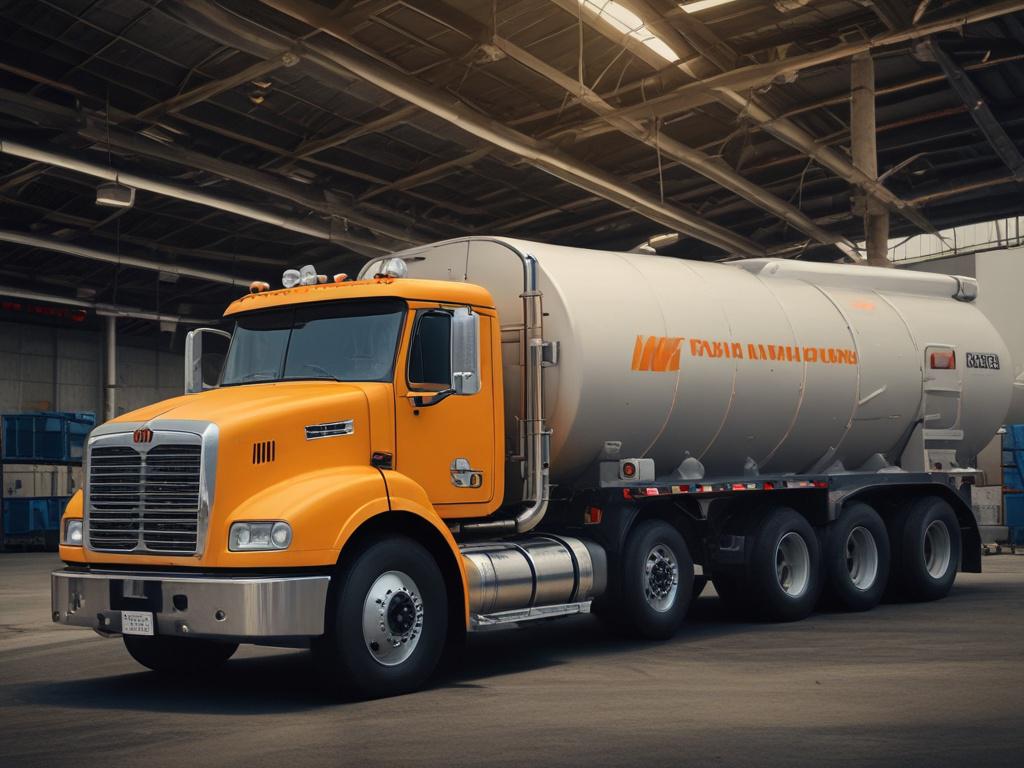 A close-up shot of a fuel truck being filled at a distribution terminal, showcasing the truck’s gleaming surface and intricate details. The background features a blurred view of a bustling terminal with pipelines and tanks, all rendered in hyper-realistic quality. The color palette incorporates the primary color #136A5C, enhancing the focus on the subject.