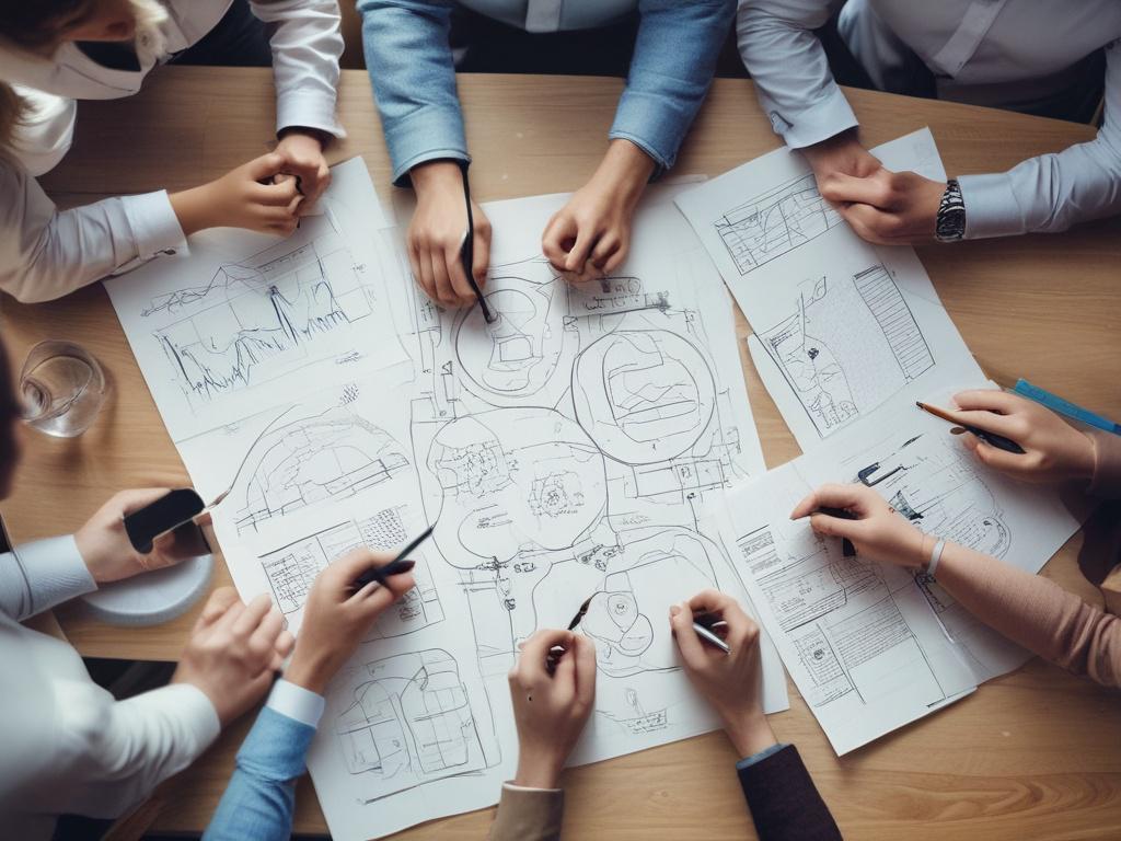 A close-up of a marketing team in a meeting, brainstorming ideas with charts and digital devices on the table. The team's expressions convey enthusiasm and creativity, with a blurred office environment in the background. The image is rendered in hyper-realistic quality with the primary color #136A5C subtly incorporated into the decor.