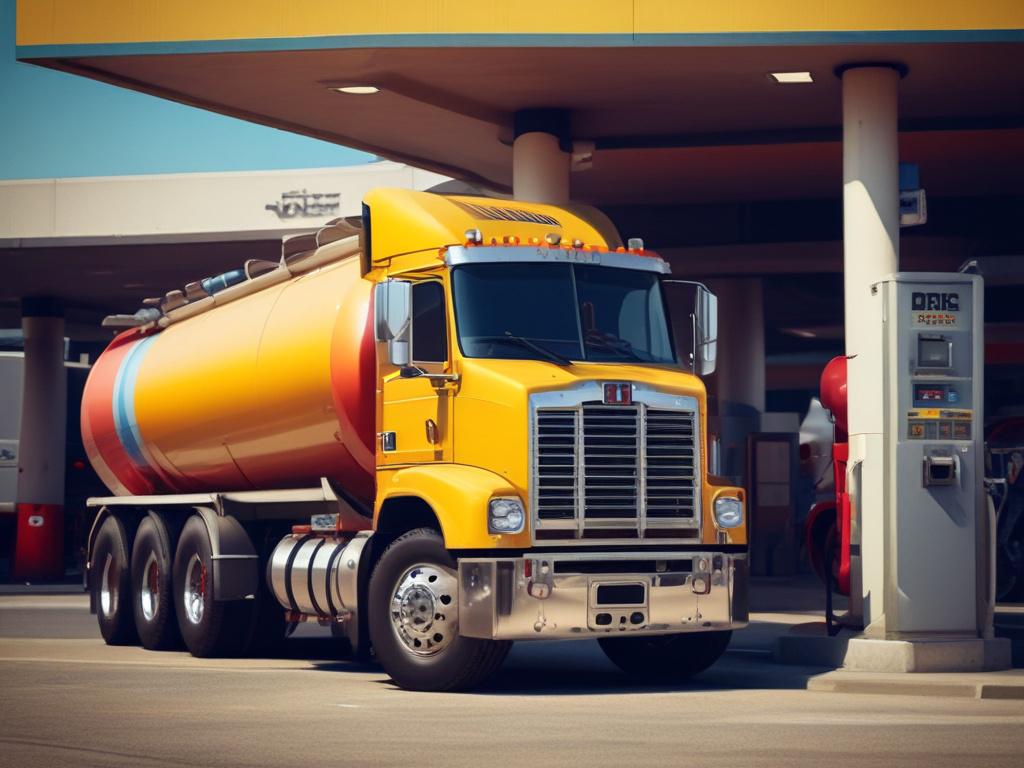 A close-up shot of a diesel fuel tanker, reflecting vibrant colors and details, parked at a fueling station. The tanker should be the sole subject in the frame, showcasing its sleek design and intricate details, with a blurred background of a busy fueling station. The lighting should highlight the shiny surface of the tanker, conveying a sense of efficiency and reliability. The color palette should harmonize with the #136A5C primary color, creating a professional and polished appearance.