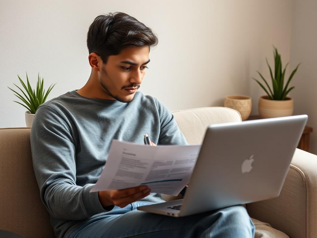 Create a realistic high-resolution photo that visually represents the blog titled "Understanding Health Insurance Terms" and its focus on demystifying key health insurance terms for better choices. The composition should be simple and clear, featuring a single subject, which is a thoughtful young adult (Caucasian or Hispanic) reading a health insurance policy document. 

The subject should be seated comfortably at a cozy, well-lit desk with a sleek laptop open next to them, showcasing a healthcare-related w