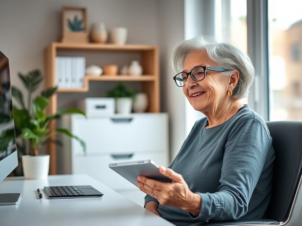 **AI Image Generator Prompt:**

Create a realistic high-resolution photo that visually reflects the blog titled “CMS Finalizes 2.48% Medicare Advantage Rate Increase for 2027.” 

**Composition and Subject Matter:**
- Focus on a single subject: an elderly person, looking relieved and content, seated at a modern desk in a well-lit home office. 
- This individual should be a Caucasian female with gray hair, wearing reading glasses and casually dressed, symbolizing trust and comfort in healthcare decisions.
- T