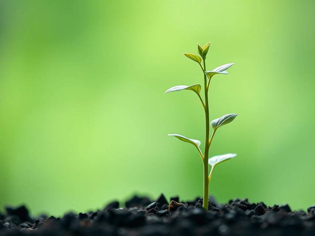 A close-up shot of a growing plant in a business setting, symbolizing sustainability and innovation, with a soft green background, shot with a 45mm f/1.2 lens.