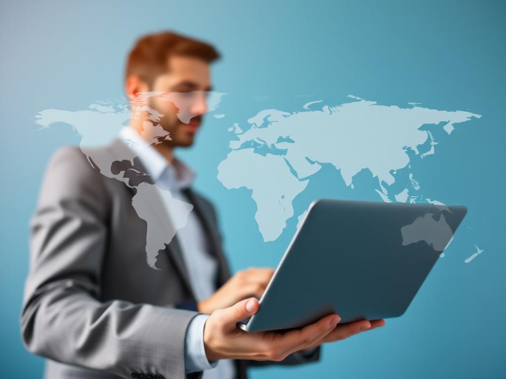 A close-up shot of a professional holding a laptop, engaging in a virtual meeting, symbolizing global connectivity, with a soft blue background, shot with a 45mm f/1.2 lens.