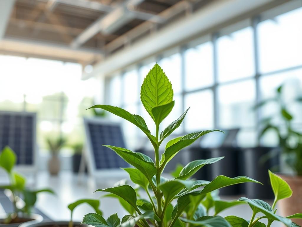 A close-up shot of a green plant growing in a sustainable business office environment. The background includes elements symbolizing innovation, such as solar panels or recycling bins. The lighting is natural and bright, showcasing a commitment to sustainability and environmental responsibility.