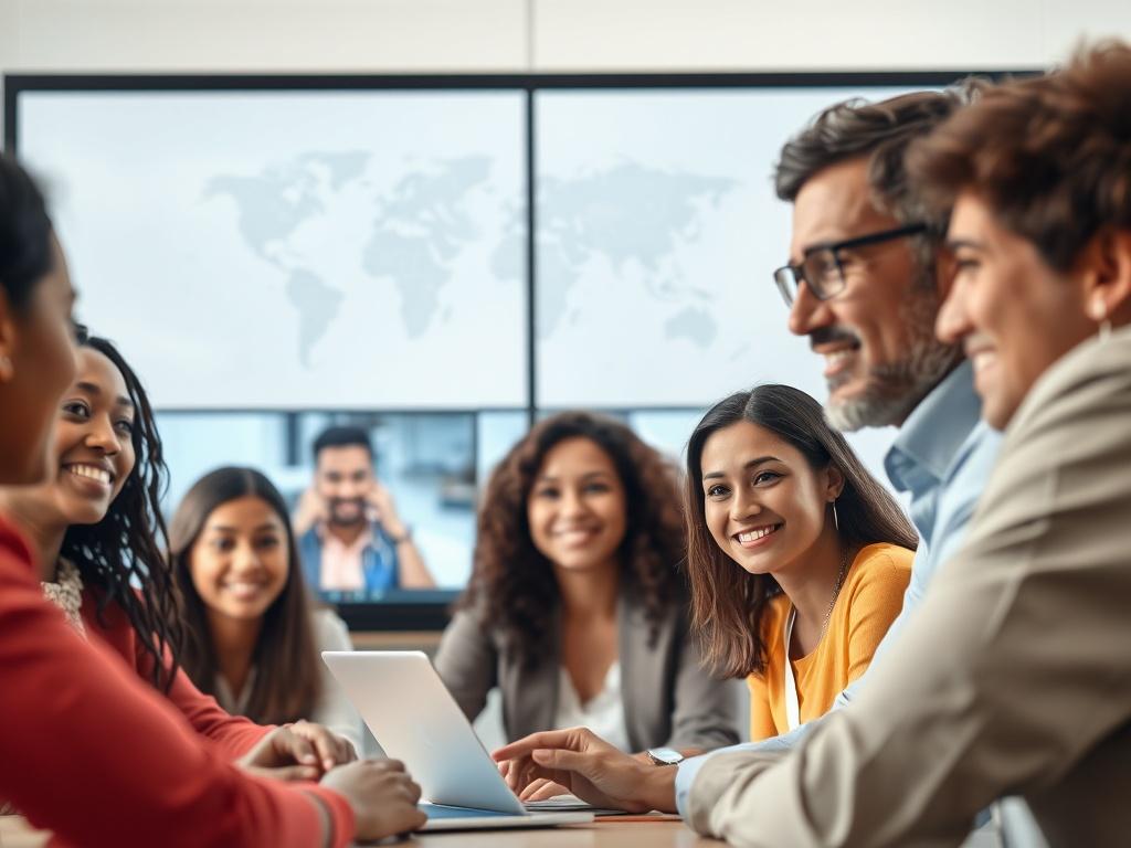 A close-up shot of a diverse group of professionals engaged in a video conference. The scene reflects a warm and collaborative atmosphere, showcasing technology and communication. The background features abstract representations of global connections, symbolizing the network's reach and impact.