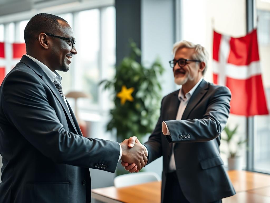 A close-up shot of two professionals, one Cameroonian and one Danish, shaking hands in a modern office setting. The background features elements that represent both Cameroon and Denmark, such as flags or cultural artifacts. The lighting is bright and inviting, emphasizing a sense of collaboration and partnership.