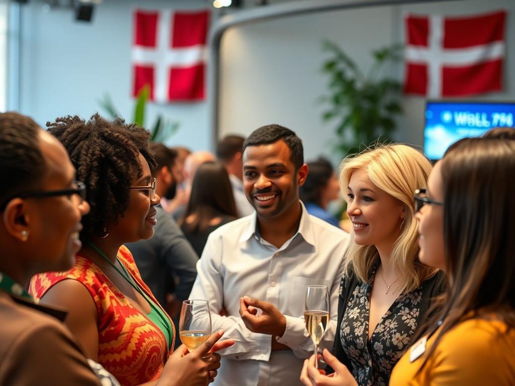 A close-up shot of a professional networking event, featuring individuals from diverse backgrounds exchanging ideas and experiences. The setting is vibrant and dynamic, emphasizing collaboration and connection. The background includes elements representing both Cameroon and Denmark, symbolizing the bridge between the two cultures.