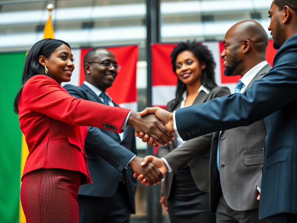 A close-up shot of a diverse group of professionals shaking hands, symbolizing international business partnerships, with a backdrop of flags from Cameroon and Denmark, shot with a 45mm f/1.2 lens.