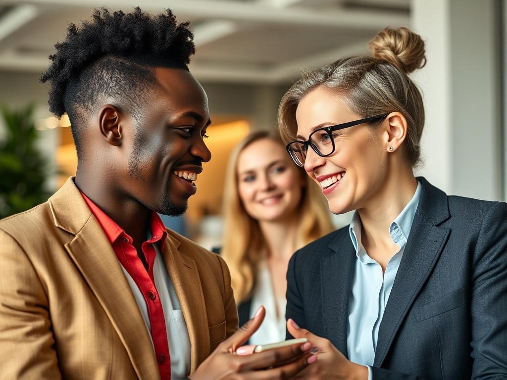A close-up shot of two professionals from Cameroon and Denmark engaging in a business discussion, with a backdrop of a modern office space. The focus should be on their expressions of collaboration and enthusiasm, highlighting cultural diversity. Soft natural lighting enhances the warm and inviting atmosphere, creating an encouraging environment for networking.