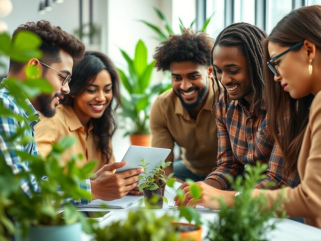 A vibrant close-up shot of a group of diverse individuals brainstorming over eco-friendly project ideas. They are surrounded by plants and sustainable materials in a bright, modern workspace. The image captures their engagement and enthusiasm for green projects, showcasing a collaborative spirit in promoting sustainability.